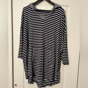 T by Talbots 3/4 Sleeve Hoodie with UPF 50 Navy and White Stripe